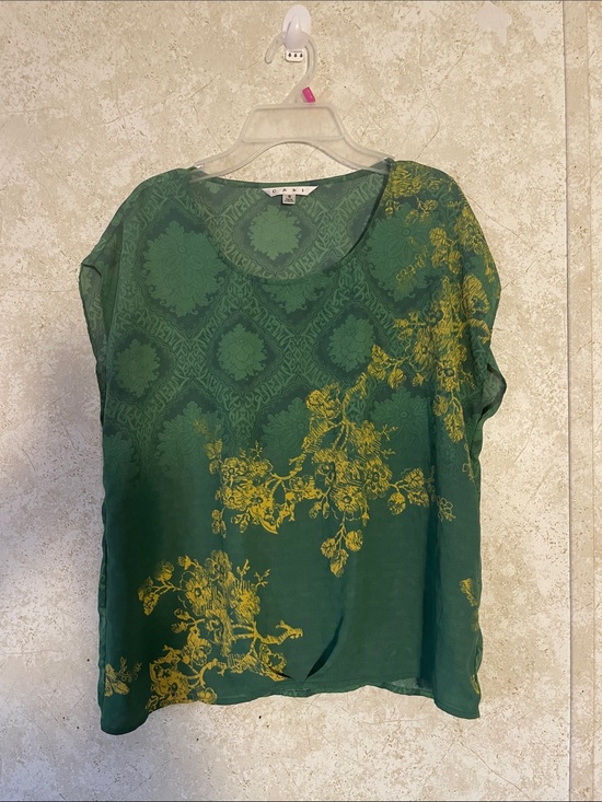 CAbi Tops - CAbi Green Yellow Floral-Print Scoop Neck Polyester Short Sleeve blouse